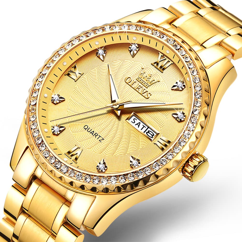 OLEVS Men Diamond Bezel Watch Two Tone Stainless Steel Quartz Day Date 5565 - All Gold Watch | Olevs Watch Store