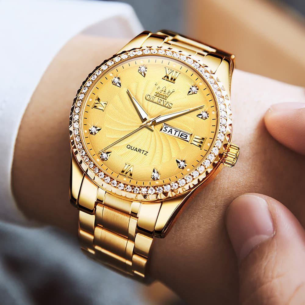 OLEVS Men Diamond Bezel Watch Two Tone Stainless Steel Quartz Day Date 5565 - Two Tone Green Watch | Olevs Watch Store