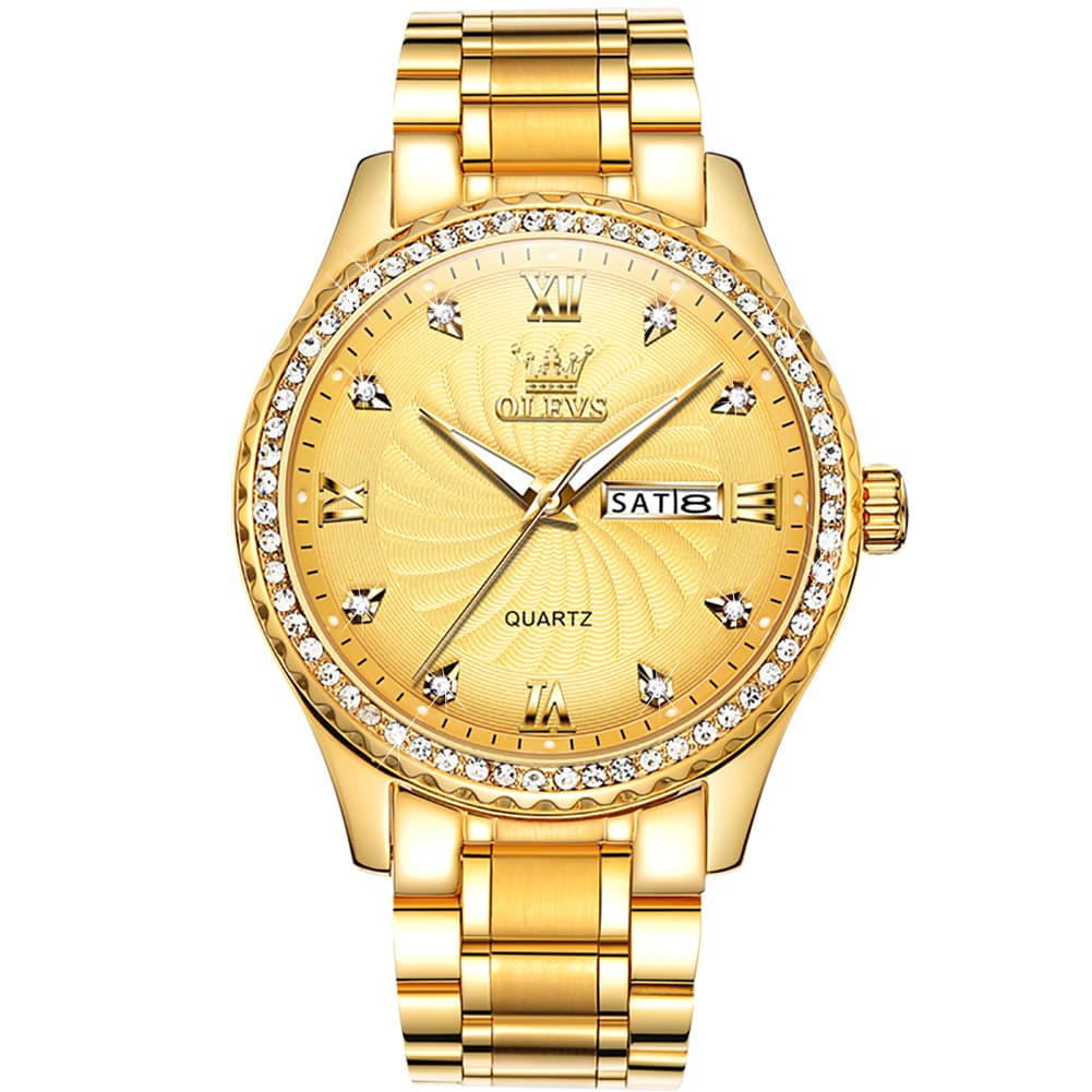 OLEVS Men Diamond Bezel Watch Two Tone Stainless Steel Quartz Day Date 5565 - All Gold Watch | Olevs Watch Store