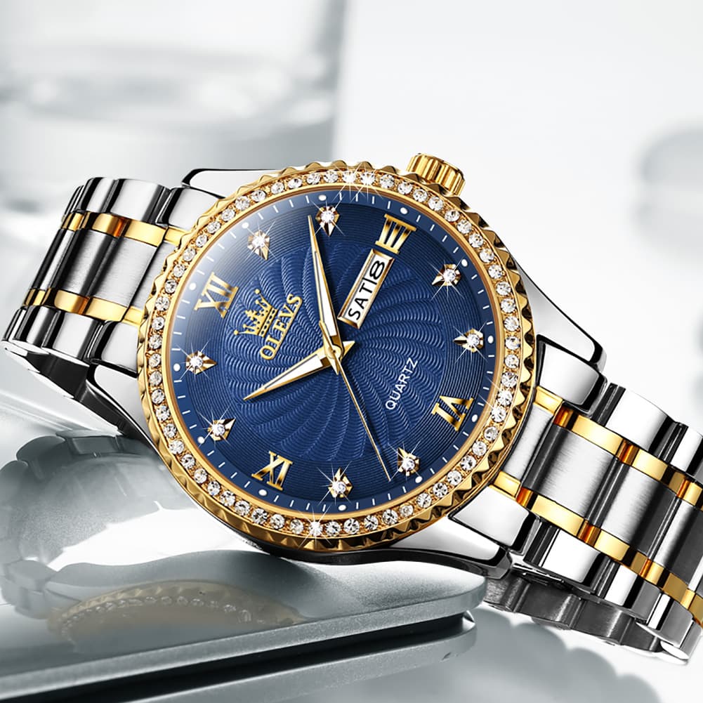 OLEVS Men Diamond Bezel Watch Two Tone Stainless Steel Quartz Day Date 5565 - All Gold Watch | Olevs Watch Store
