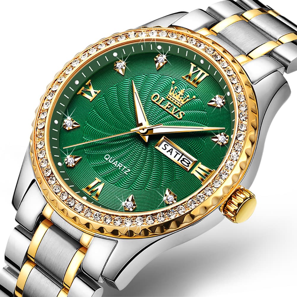 OLEVS Men Diamond Bezel Watch Two Tone Stainless Steel Quartz Day Date 5565 - All Gold Watch | Olevs Watch Store