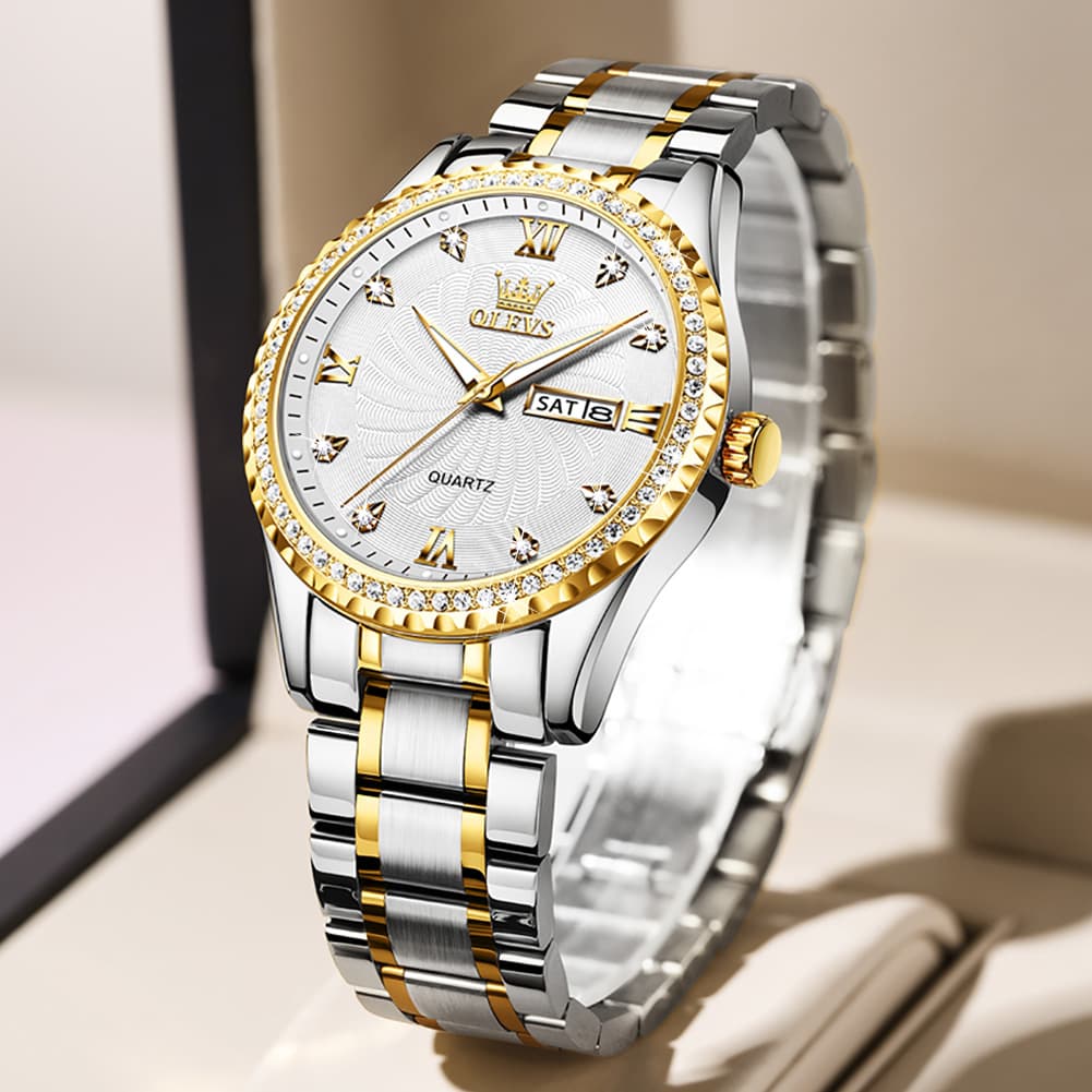 OLEVS Men Diamond Bezel Watch Two Tone Stainless Steel Quartz Day Date 5565 - Two Tone Green Watch | Olevs Watch Store