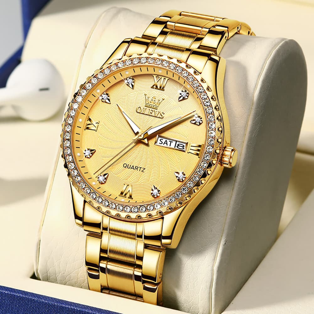 OLEVS Men Diamond Bezel Watch Two Tone Stainless Steel Quartz Day Date 5565 - All Gold Watch | Olevs Watch Store