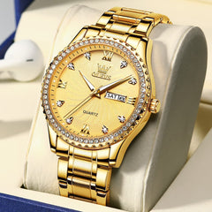OLEVS Men Diamond Bezel Watch Two Tone Stainless Steel Quartz Day Date 5565 - All Gold Watch | Olevs Watch Store