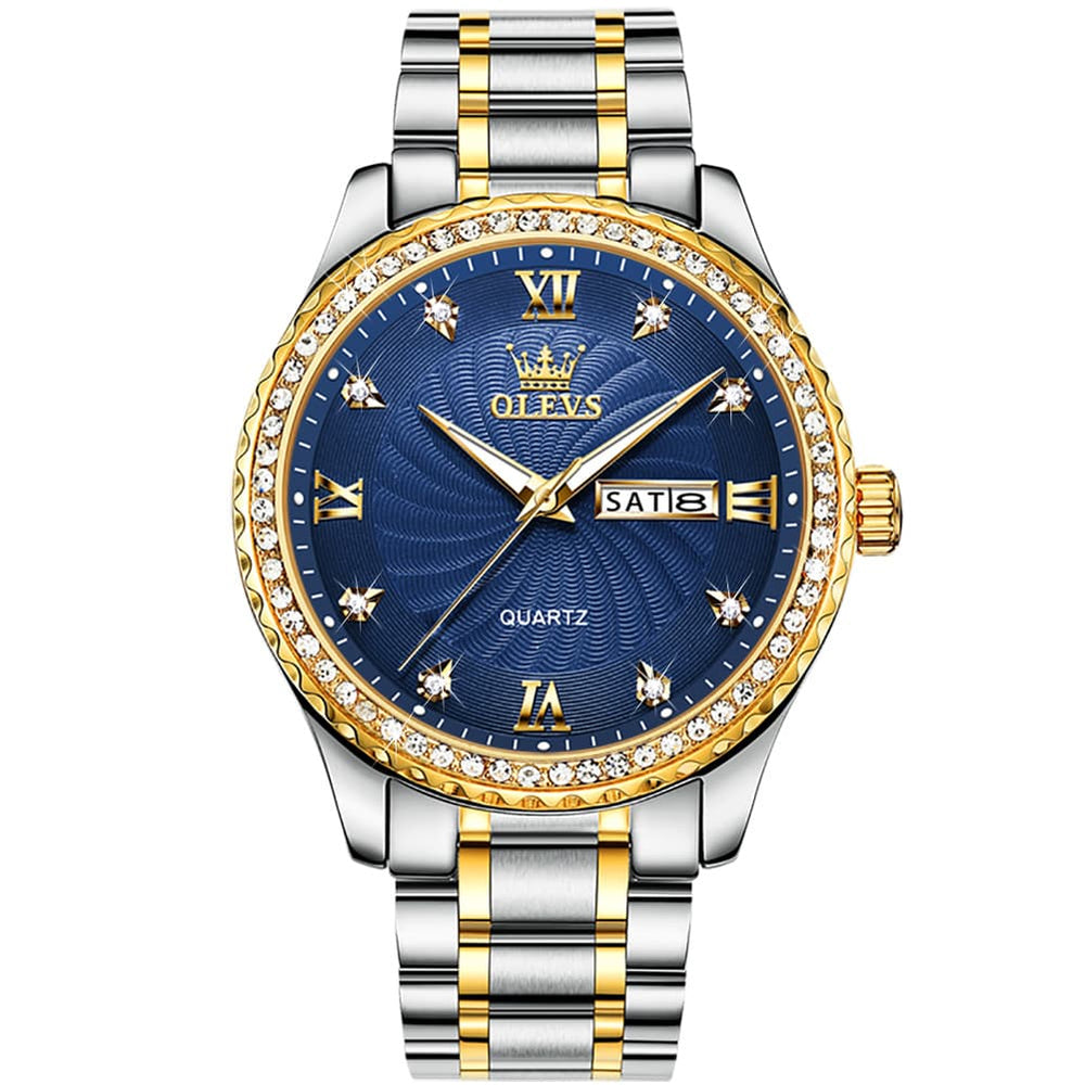 OLEVS Men Diamond Bezel Watch Two Tone Stainless Steel Quartz Day Date 5565 - Two Tone Green Watch | Olevs Watch Store
