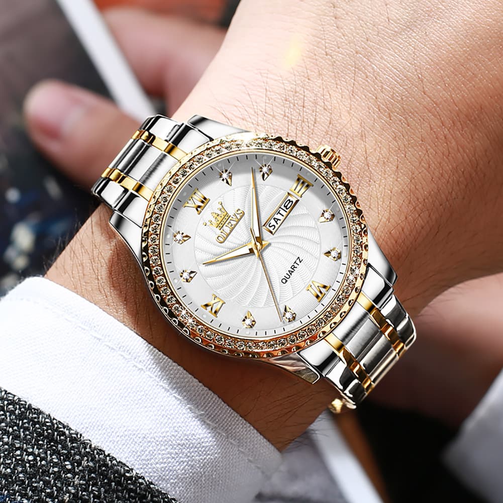 OLEVS Men Diamond Bezel Watch Two Tone Stainless Steel Quartz Day Date 5565 - Two Tone Green Watch | Olevs Watch Store