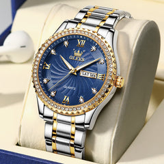OLEVS Men Diamond Bezel Watch Two Tone Stainless Steel Quartz Day Date 5565 - Two Tone Blue Watch | Olevs Watch Store