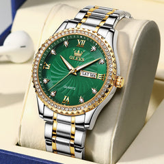 OLEVS Men Diamond Bezel Watch Two Tone Stainless Steel Quartz Day Date 5565 - Two Tone Green Watch | Olevs Watch Store