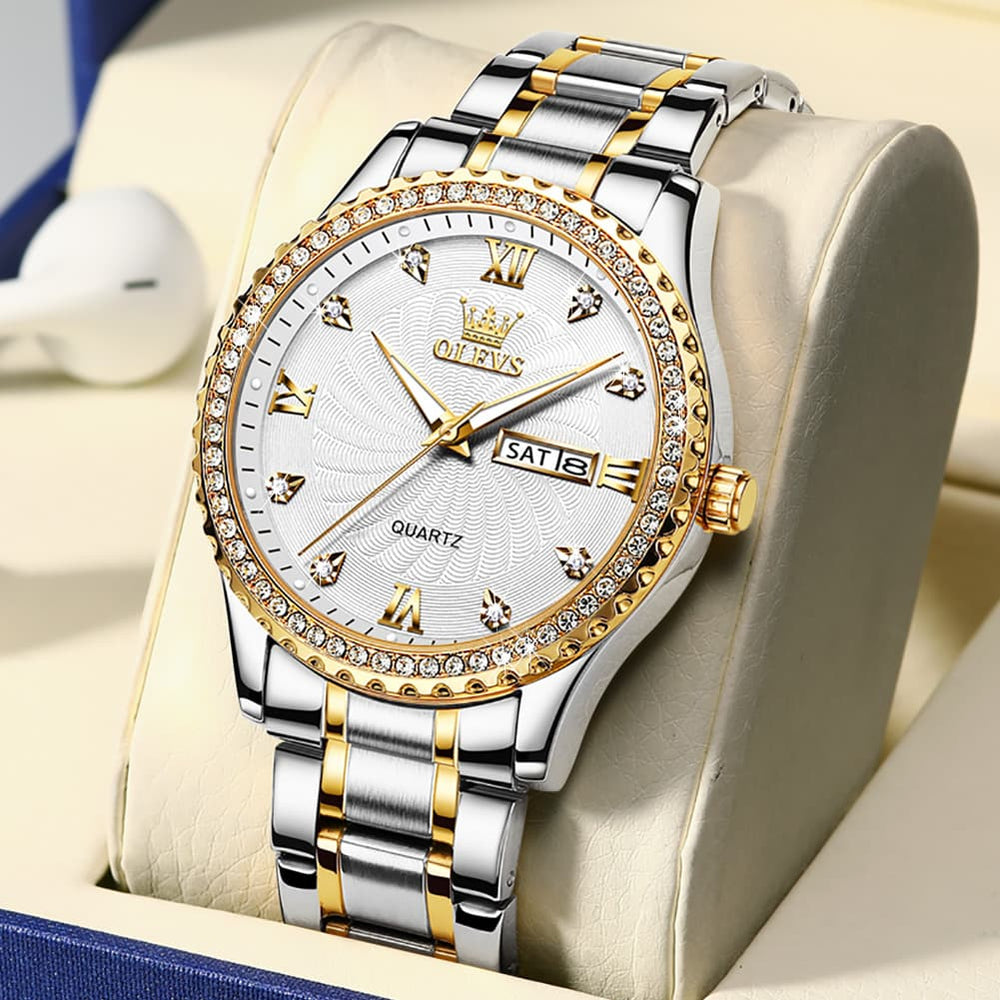 OLEVS Men Diamond Bezel Watch Two Tone Stainless Steel Quartz Day Date 5565 - Two Tone White Watch | Olevs Watch Store