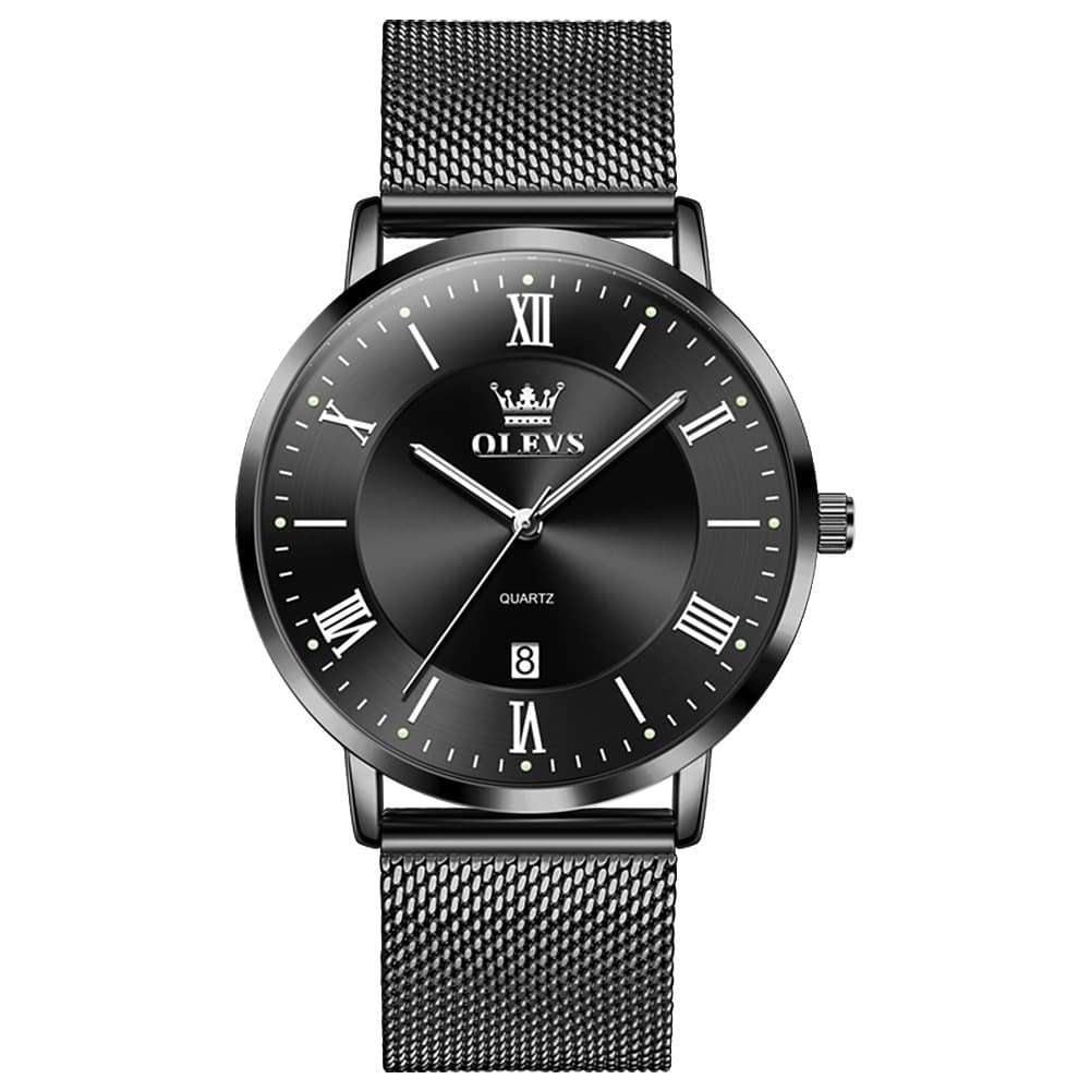 OLEVS Men Milanese Mesh Watch Ultra Slim Stainless Steel Date Quartz 5623 - All Black Watch | Olevs Watch Store