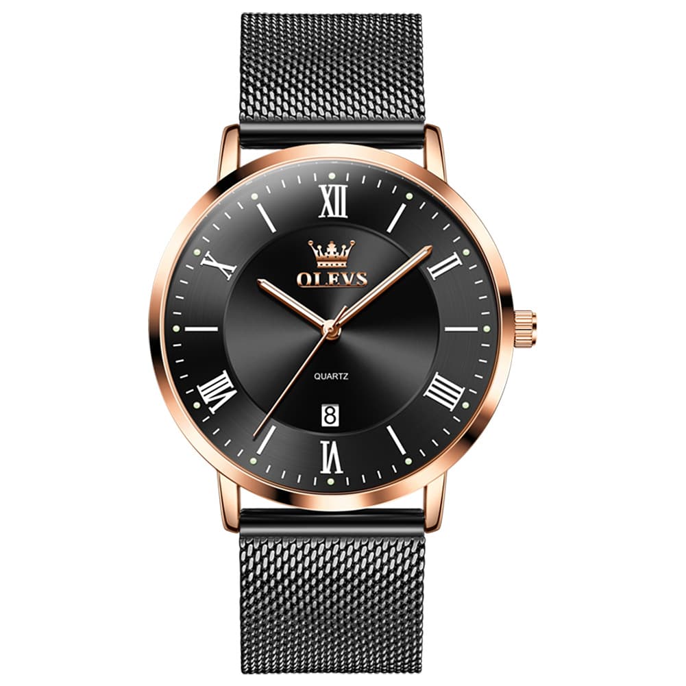 OLEVS Men Milanese Mesh Watch Ultra Slim Stainless Steel Date Quartz 5623 - Black Rose Gold Watch | Olevs Watch Store