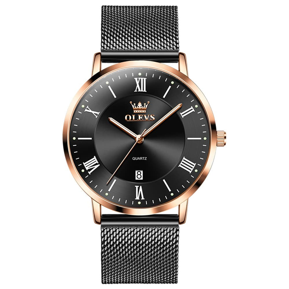 OLEVS Men Milanese Mesh Watch Ultra Slim Stainless Steel Date Quartz 5623 - Black Rose Gold Watch | Olevs Watch Store