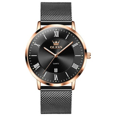 OLEVS Men Milanese Mesh Watch Ultra Slim Stainless Steel Date Quartz 5623 - Black Rose Gold Watch | Olevs Watch Store