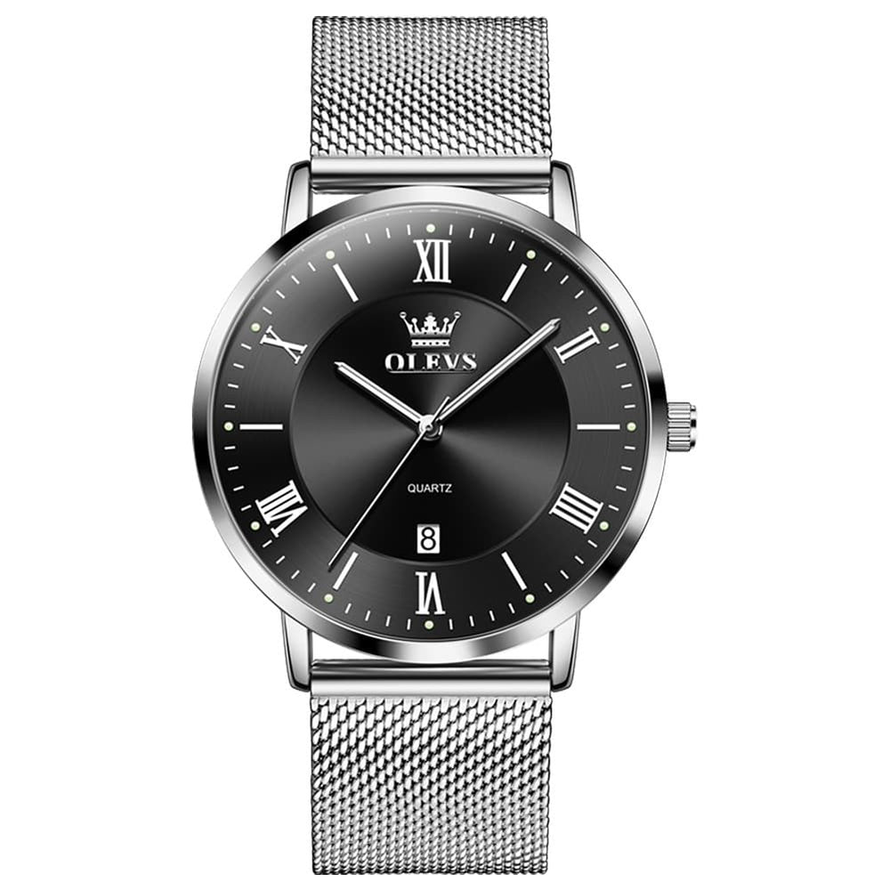 OLEVS Men Milanese Mesh Watch Ultra Slim Stainless Steel Date Quartz 5623 - Silver Black Dial Watch | Olevs Watch Store