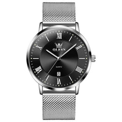 OLEVS Men Milanese Mesh Watch Ultra Slim Stainless Steel Date Quartz 5623 - Silver Black Dial Watch | Olevs Watch Store