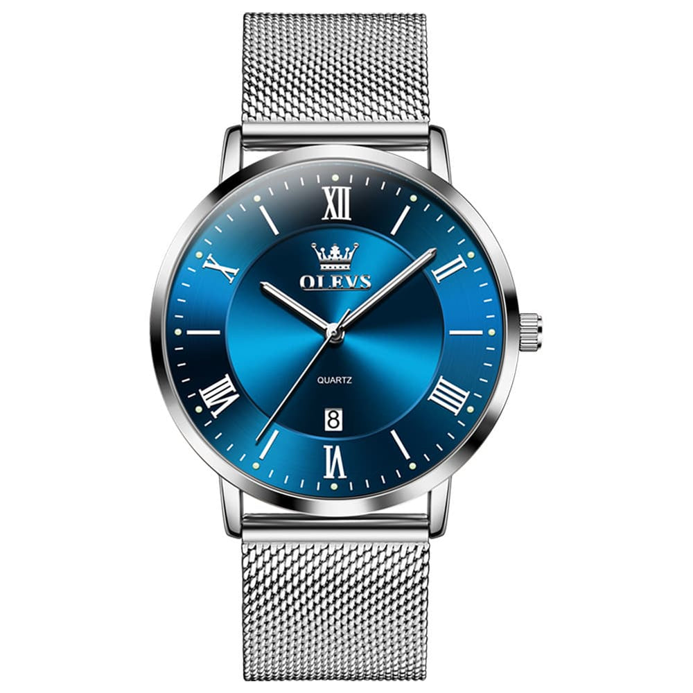 OLEVS Men Milanese Mesh Watch Ultra Slim Stainless Steel Date Quartz 5623 - Silver Blue Dial Watch | Olevs Watch Store