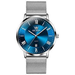 OLEVS Men Milanese Mesh Watch Ultra Slim Stainless Steel Date Quartz 5623 - Silver Blue Dial Watch | Olevs Watch Store