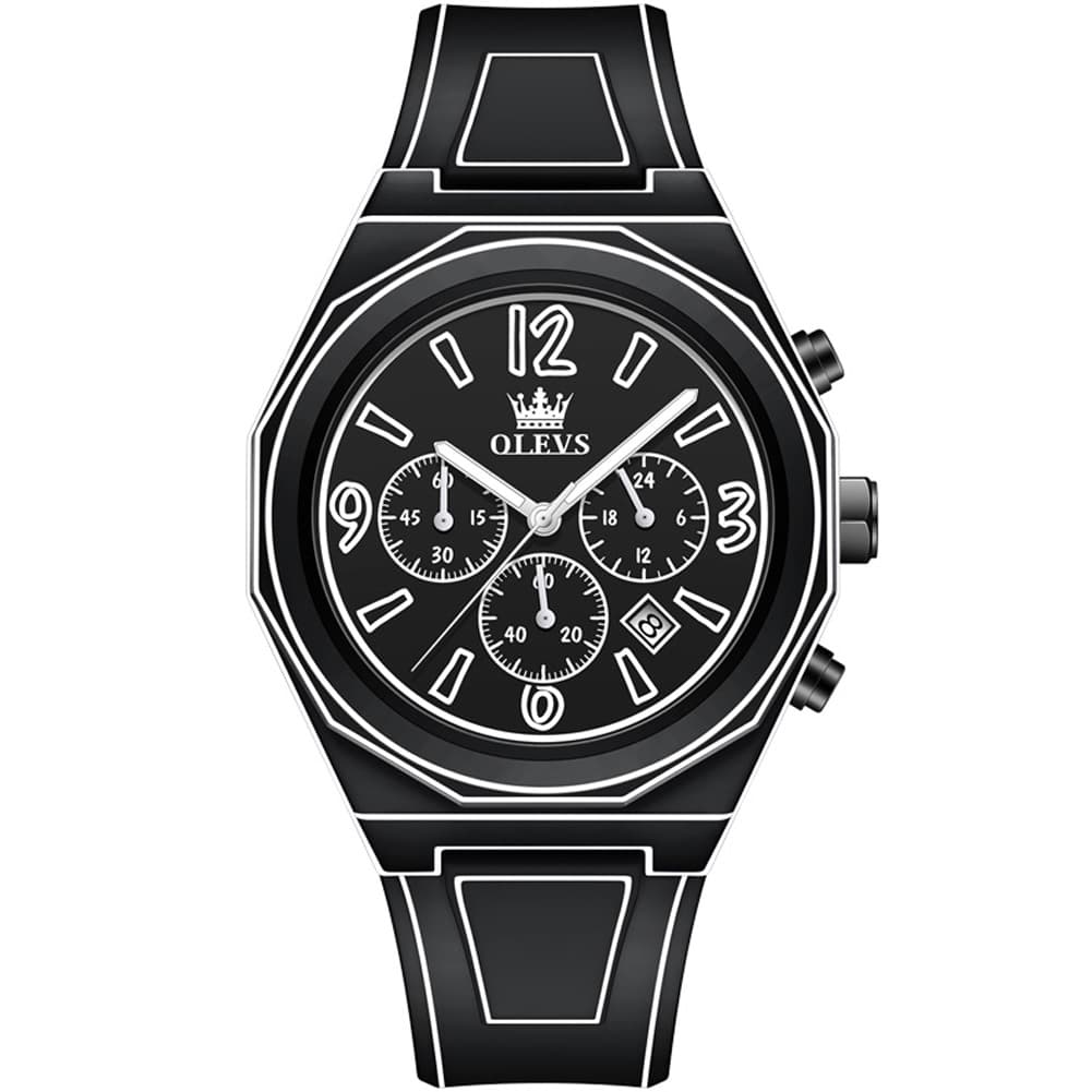 OLEVS Men Streetwear Comic Chronograph Watch Octagonal Silicone Quartz 5622 - All Black Watch | Olevs Watch Store