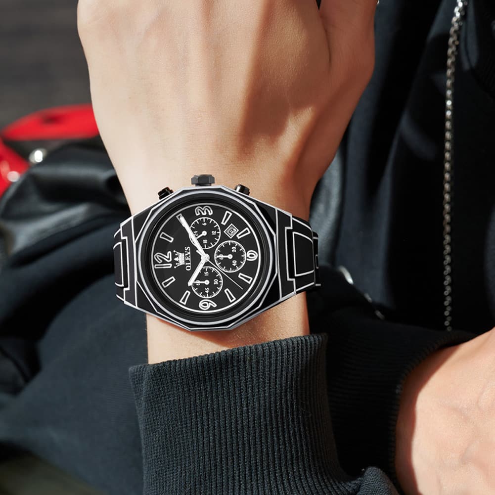 OLEVS Men Streetwear Comic Chronograph Watch Octagonal Silicone Quartz 5622 - All Black Watch | Olevs Watch Store