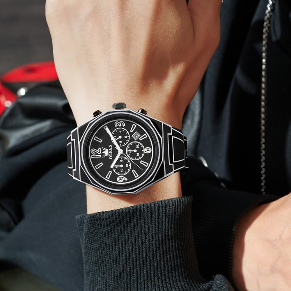 OLEVS Men Streetwear Comic Chronograph Watch Octagonal Silicone Quartz 5622 - All Black Watch | Olevs Watch Store