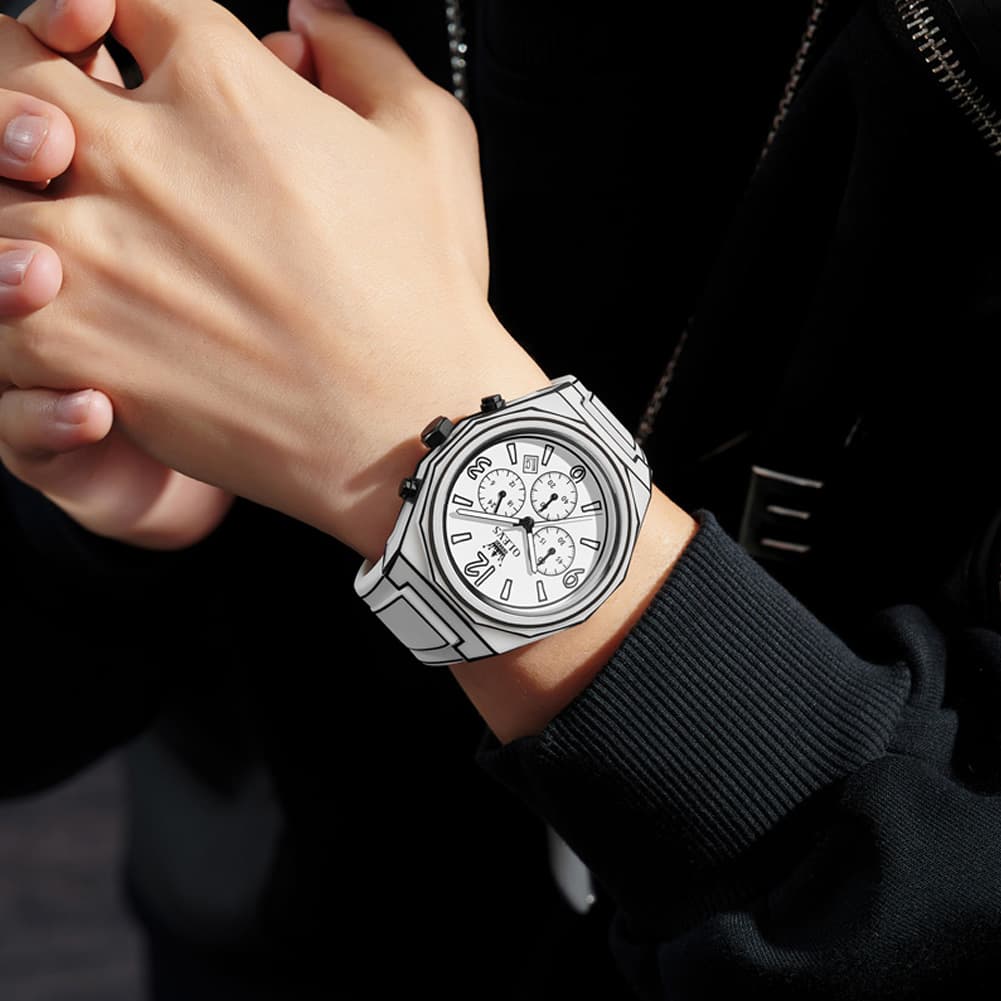 OLEVS Men Streetwear Comic Chronograph Watch Octagonal Silicone Quartz 5622 - All Black Watch | Olevs Watch Store