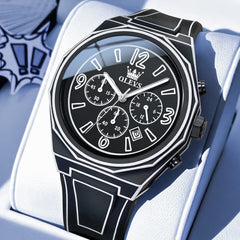 OLEVS Men Streetwear Comic Chronograph Watch Octagonal Silicone Quartz 5622 - All Black Watch | Olevs Watch Store