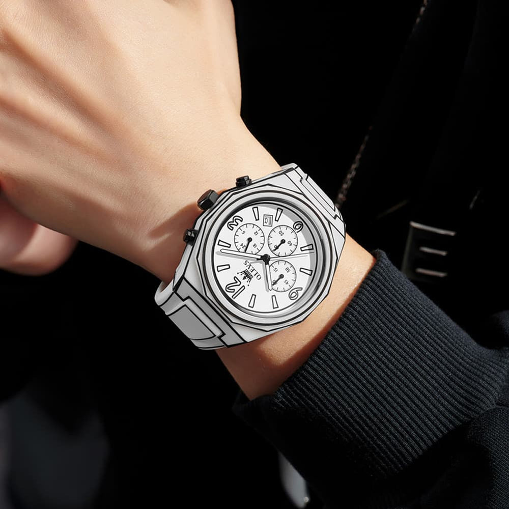 OLEVS Men Streetwear Comic Chronograph Watch Octagonal Silicone Quartz 5622 - All Black Watch | Olevs Watch Store