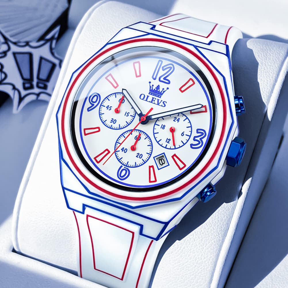 OLEVS Men Streetwear Comic Chronograph Watch Octagonal Silicone Quartz 5622 - Red Blue White Watch | Olevs Watch Store