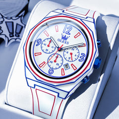 OLEVS Men Streetwear Comic Chronograph Watch Octagonal Silicone Quartz 5622 - Red Blue White Watch | Olevs Watch Store