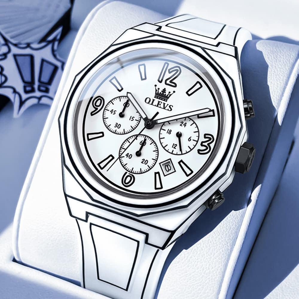 OLEVS Men Streetwear Comic Chronograph Watch Octagonal Silicone Quartz 5622 - All White Watch | Olevs Watch Store