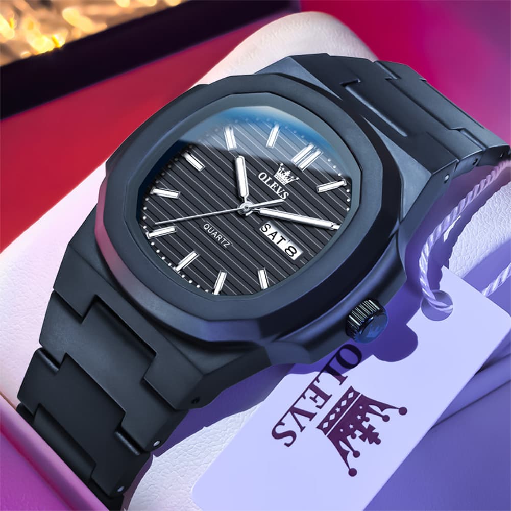 OLEVS Men Streetwear Octagonal Porthole Watch Resin Day Date Quartz 5627 - Samurai Black Watch | Olevs Watch Store