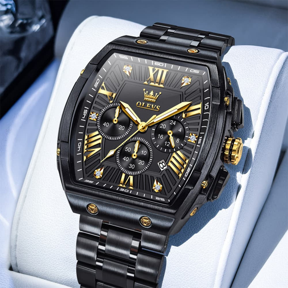 OLEVS Men Tonneau Watch Chronograph Stainless Steel Luxury Quartz 5639 - All Black Gold Dial Watch | Olevs Watch Store