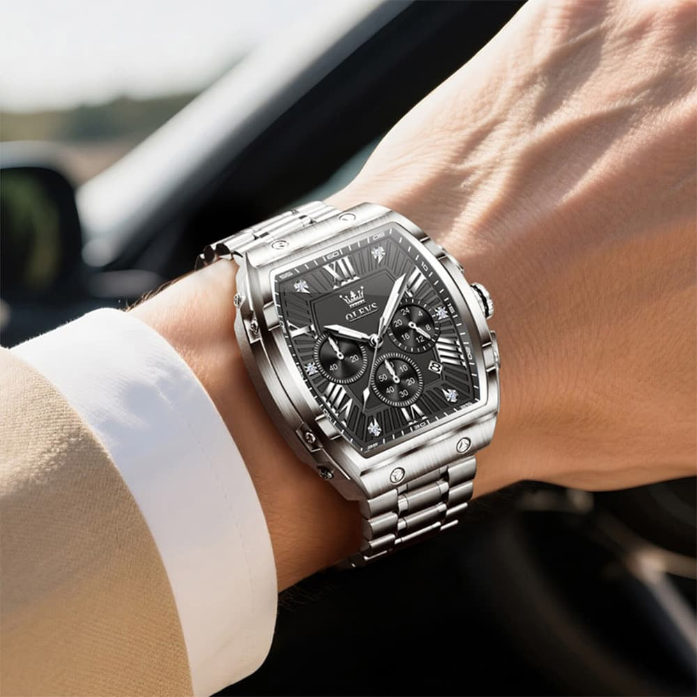 OLEVS Men Tonneau Watch Chronograph Stainless Steel Luxury Quartz 5639 - All Black Gold Dial Watch | Olevs Watch Store