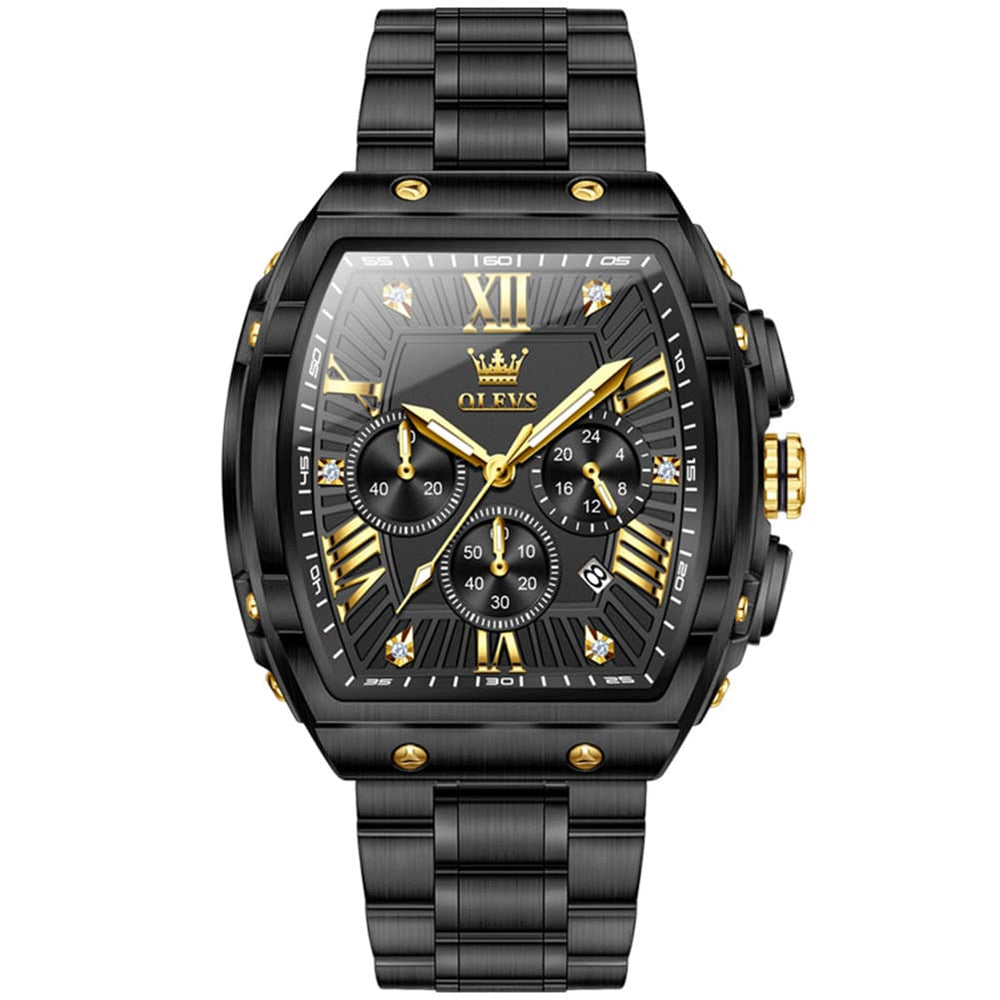 OLEVS Men Tonneau Watch Chronograph Stainless Steel Luxury Quartz 5639 - All Black Gold Dial Watch | Olevs Watch Store