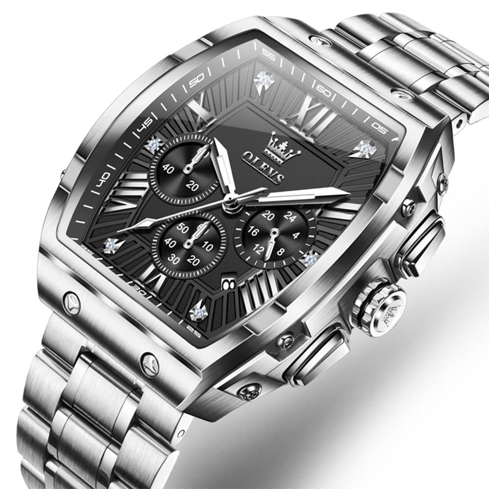 OLEVS Men Tonneau Watch Chronograph Stainless Steel Luxury Quartz 5639 - All Black Gold Dial Watch | Olevs Watch Store