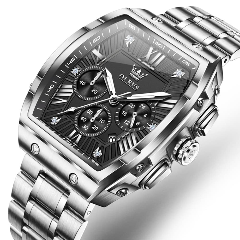OLEVS Men Tonneau Watch Chronograph Stainless Steel Luxury Quartz 5639 - All Black Gold Dial Watch | Olevs Watch Store