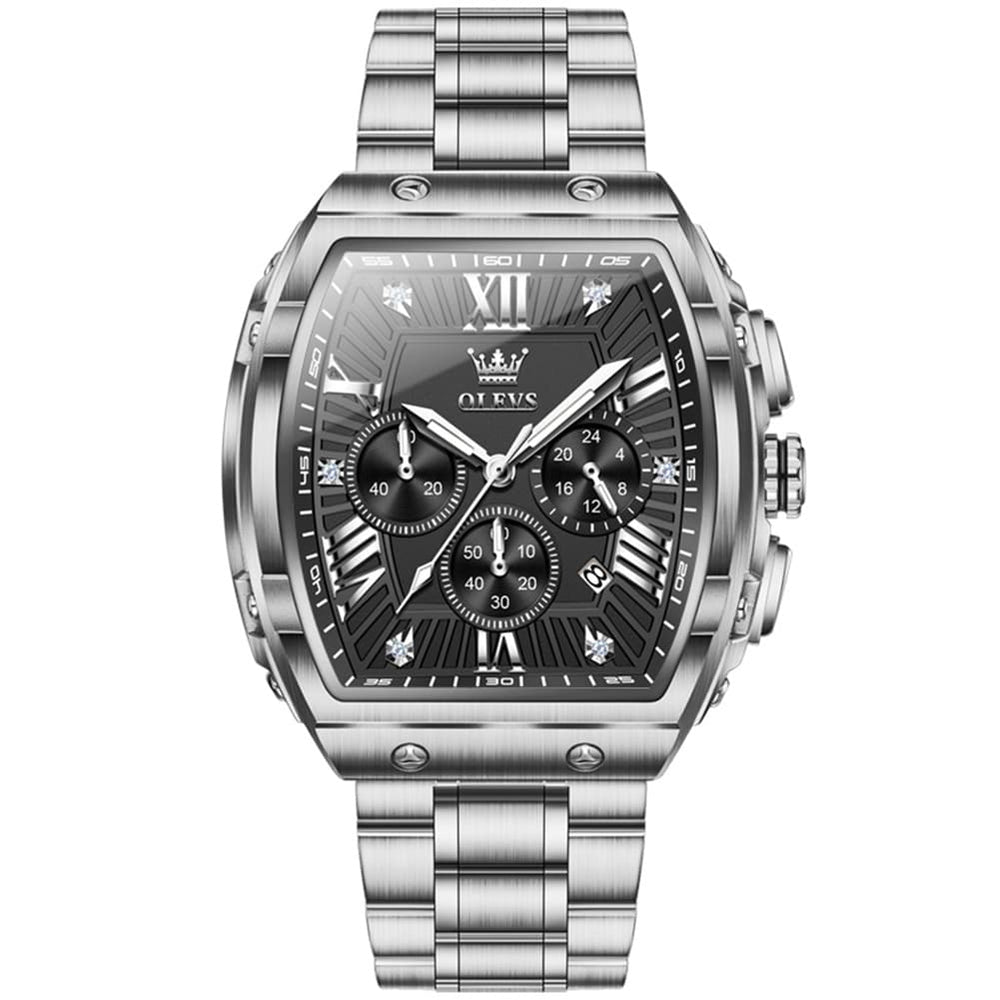 OLEVS Men Tonneau Watch Chronograph Stainless Steel Luxury Quartz 5639 - All Black Gold Dial Watch | Olevs Watch Store