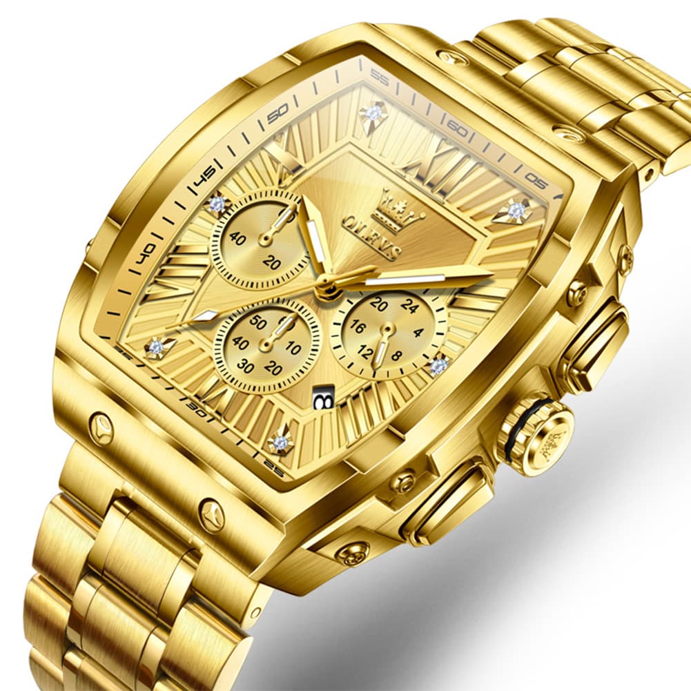 OLEVS Men Tonneau Watch Chronograph Stainless Steel Luxury Quartz 5639 - All Black Gold Dial Watch | Olevs Watch Store