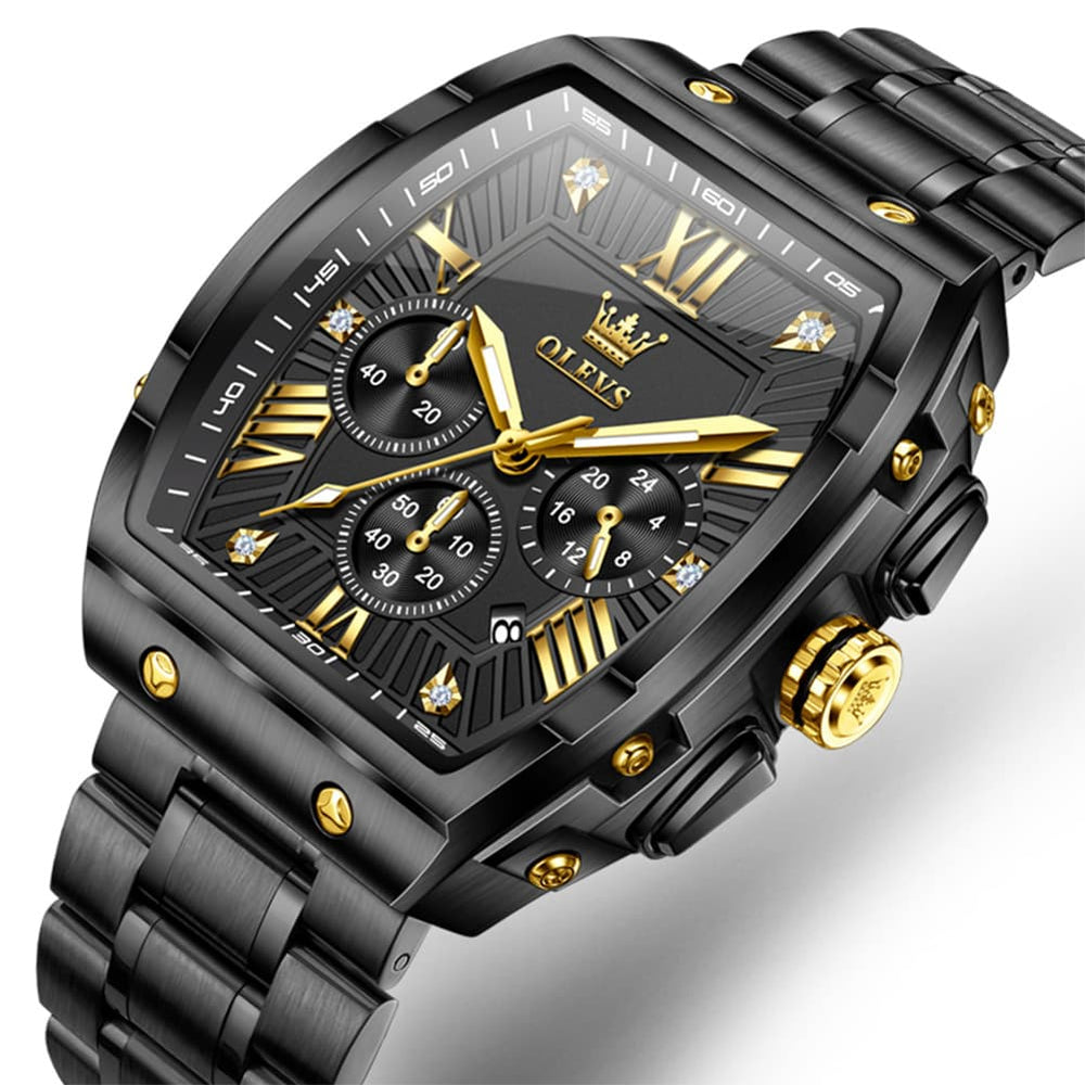 OLEVS Men Tonneau Watch Chronograph Stainless Steel Luxury Quartz 5639 - All Black Gold Dial Watch | Olevs Watch Store