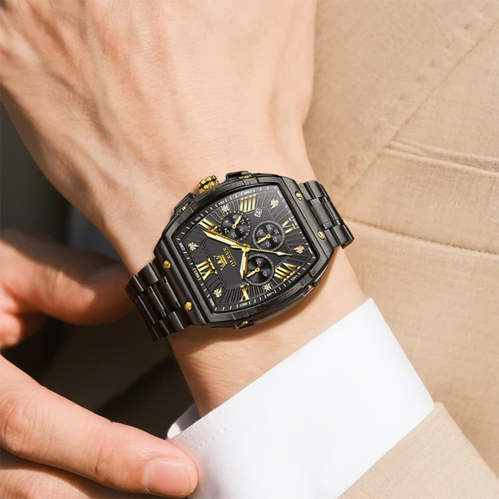 OLEVS Men Tonneau Watch Chronograph Stainless Steel Luxury Quartz 5639 - All Black Gold Dial Watch | Olevs Watch Store
