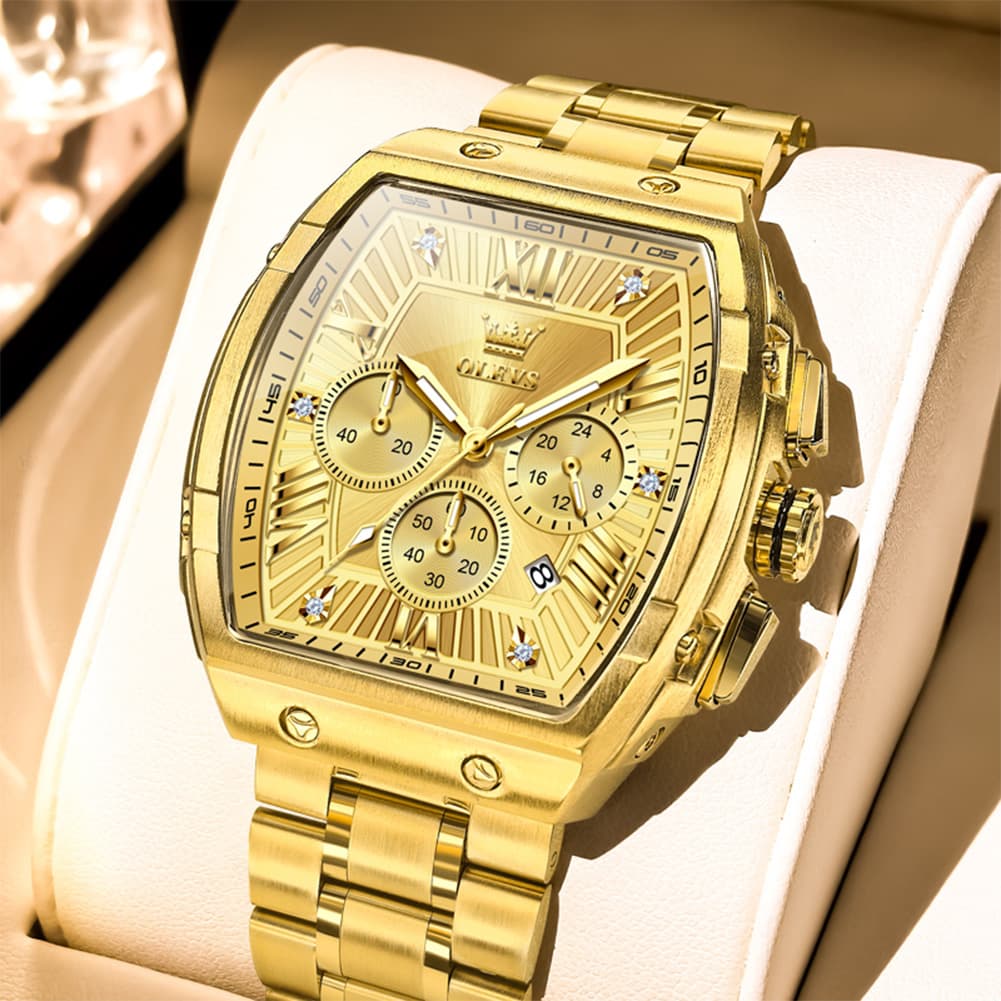 OLEVS Men Tonneau Watch Chronograph Stainless Steel Luxury Quartz 5639 - All Gold Watch | Olevs Watch Store