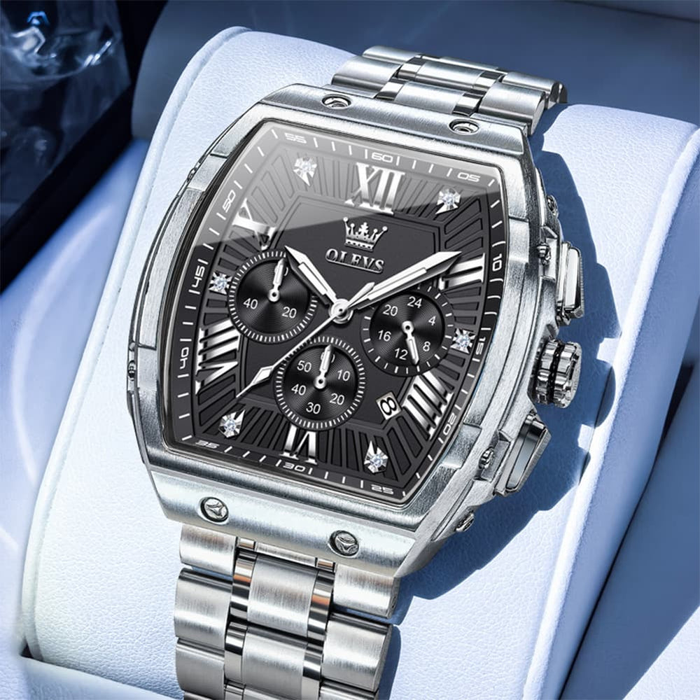 OLEVS Men Tonneau Watch Chronograph Stainless Steel Luxury Quartz 5639 - Silver Black Dial Watch | Olevs Watch Store