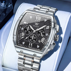 OLEVS Men Tonneau Watch Chronograph Stainless Steel Luxury Quartz 5639 - Silver Black Dial Watch | Olevs Watch Store