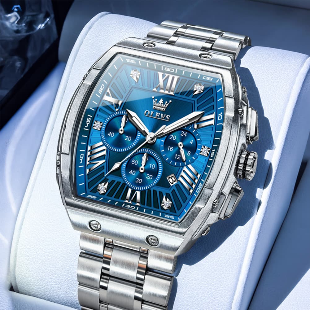 OLEVS Men Tonneau Watch Chronograph Stainless Steel Luxury Quartz 5639 - Silver Blue Dial Watch | Olevs Watch Store