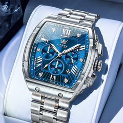 OLEVS Men Tonneau Watch Chronograph Stainless Steel Luxury Quartz 5639 - Silver Blue Dial Watch | Olevs Watch Store
