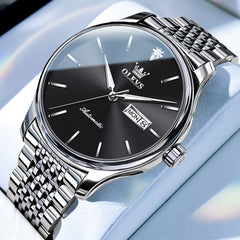 OLEVS Minimalist Diamond Dial Day Date Automatic Watch 9960 for Men - Silver Black Watch | Olevs Watch Store