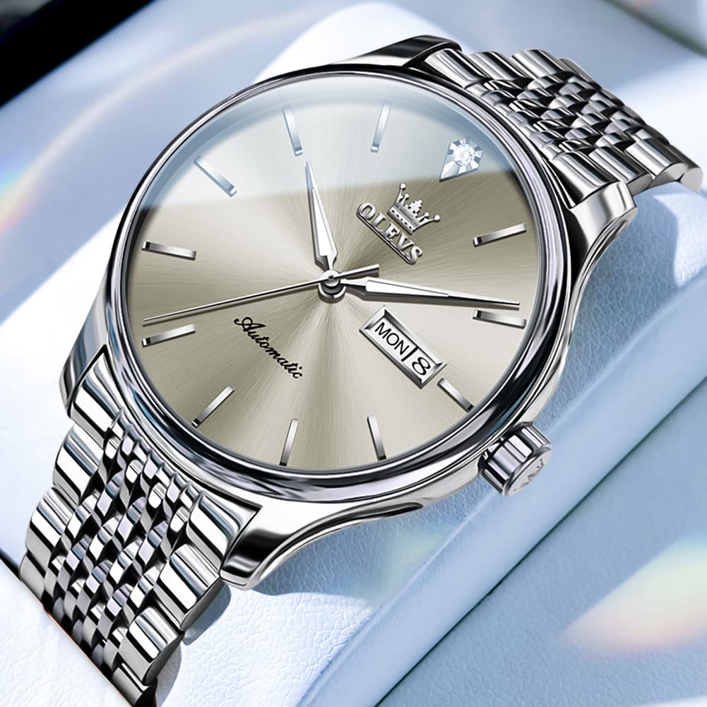 OLEVS Minimalist Diamond Dial Day Date Automatic Watch 9960 for Men - Silver Grey Watch | Olevs Watch Store