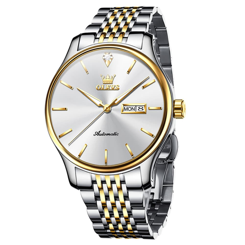 OLEVS Minimalist Diamond Dial Day Date Automatic Watch 9960 for Men - Two Tone Blue Watch | Olevs Watch Store