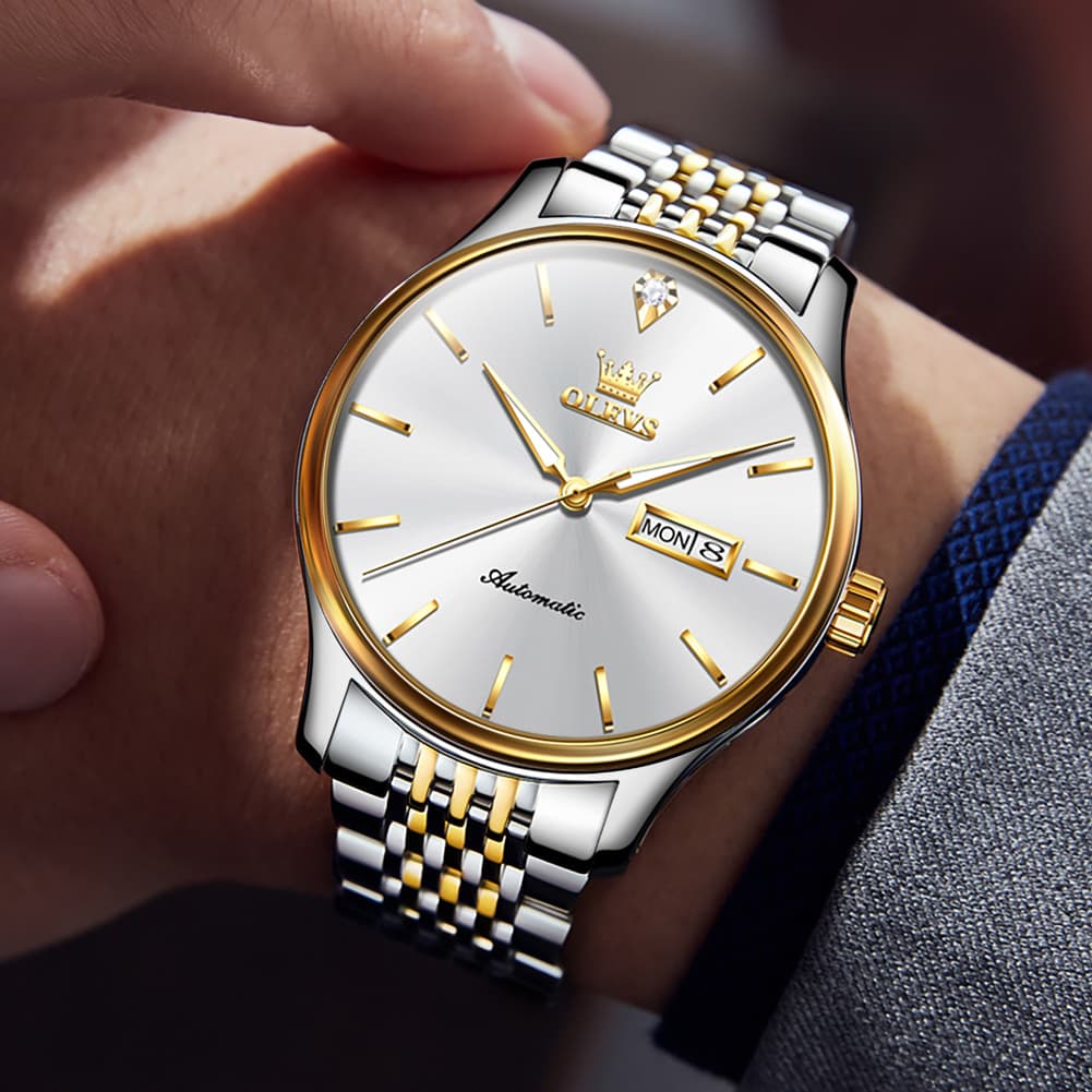 OLEVS Minimalist Diamond Dial Day Date Automatic Watch 9960 for Men - Silver White Watch | Olevs Watch Store