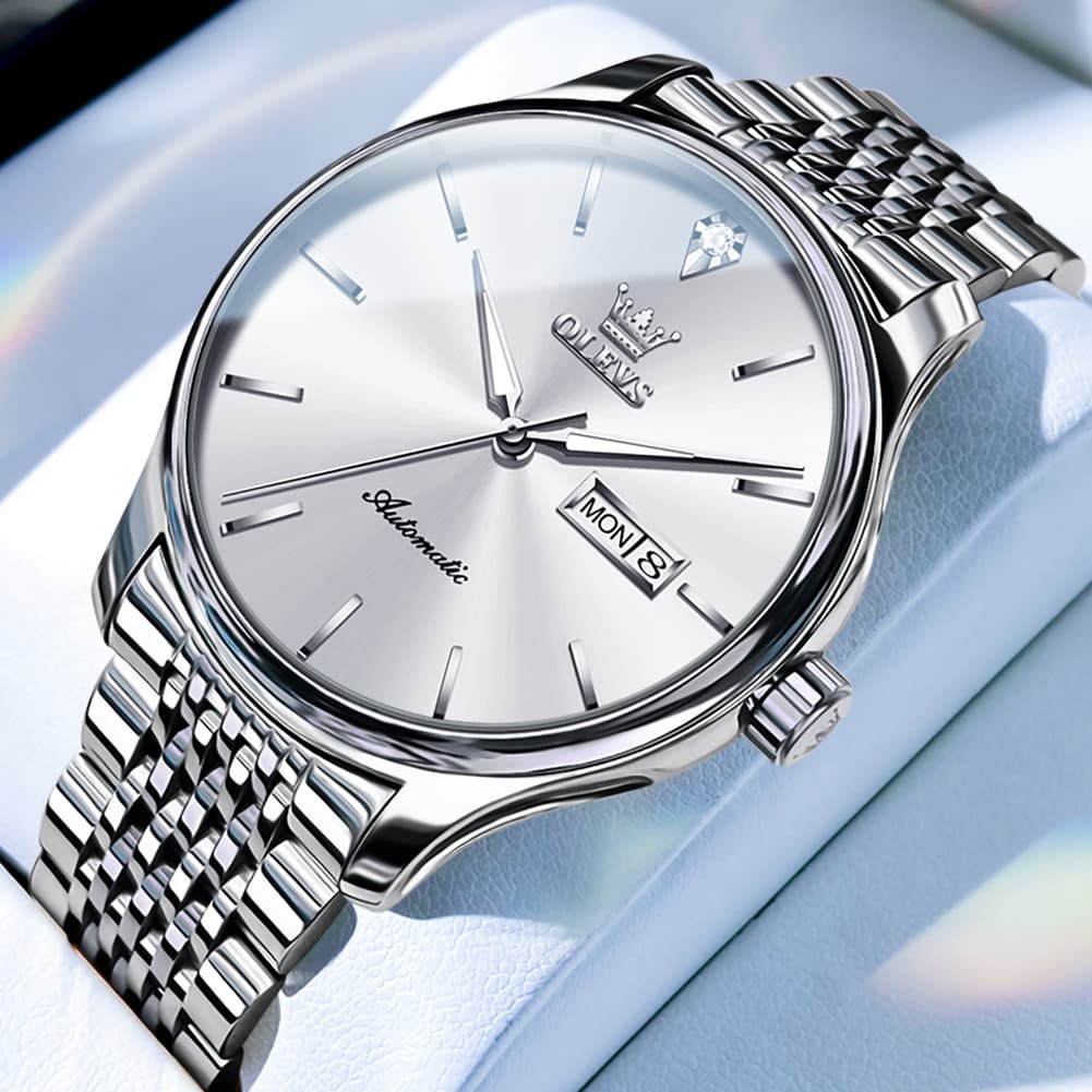 OLEVS Minimalist Diamond Dial Day Date Automatic Watch 9960 for Men - Silver White Watch | Olevs Watch Store